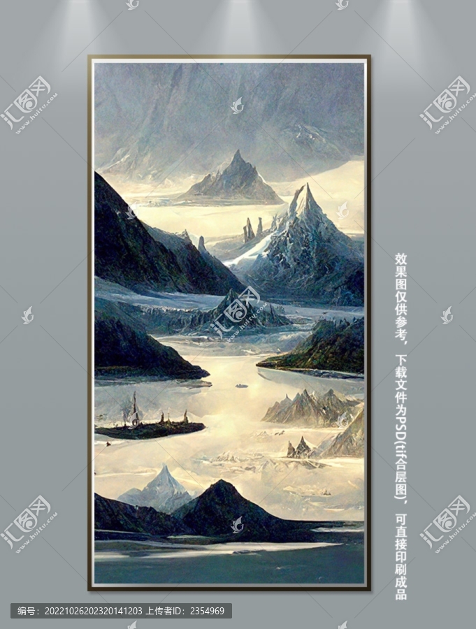 北歐手繪森林風(fēng)景雪山流水掛畫