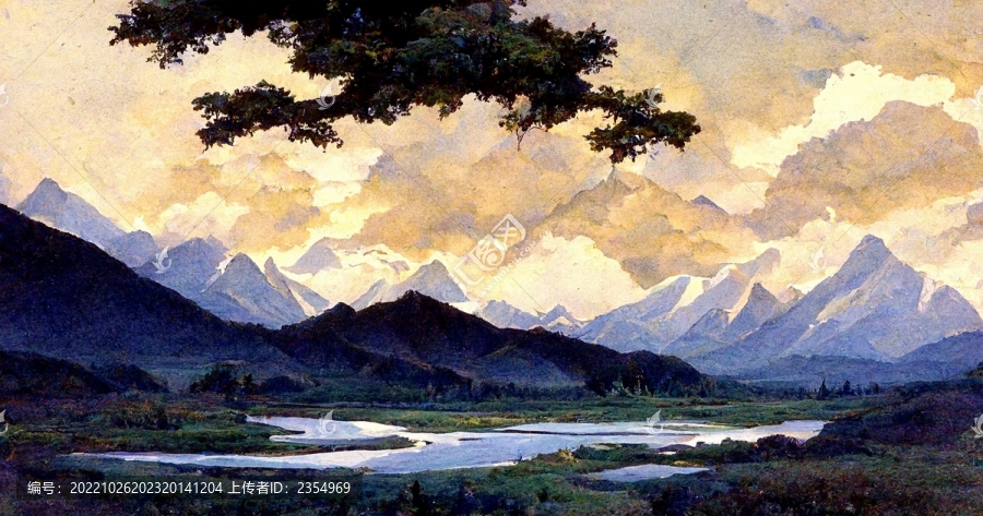 北歐手繪森林風(fēng)景雪山流水掛畫