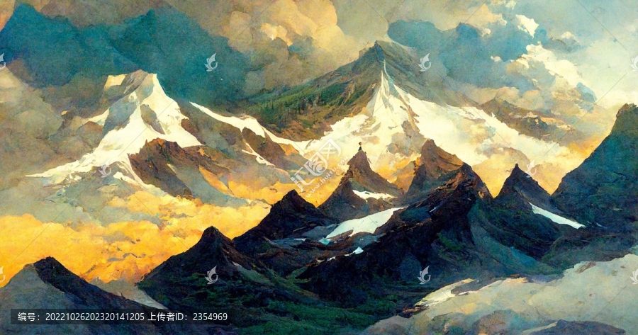 北歐手繪森林風(fēng)景雪山流水掛畫