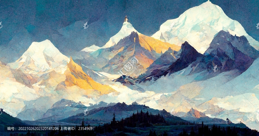 北歐手繪森林風(fēng)景雪山流水掛畫