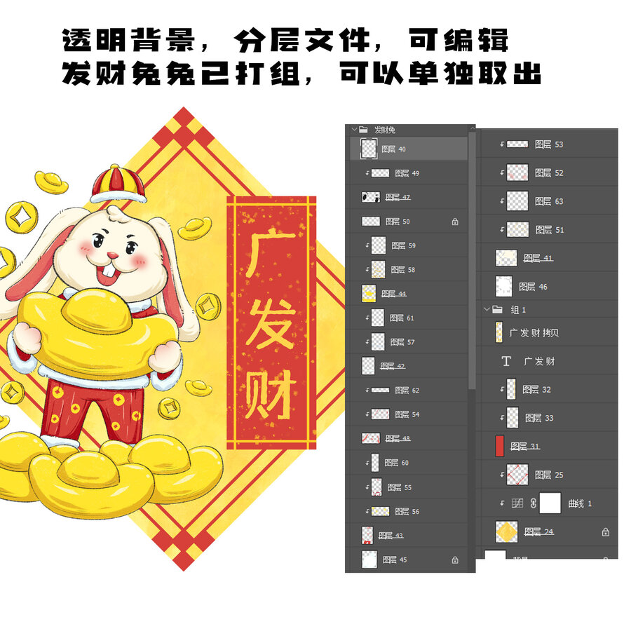 2023兔年兔子元寶金幣發財