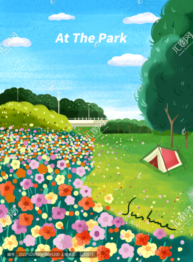 濕地公園花朵盛開露營風(fēng)景插畫