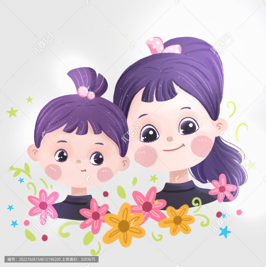 可愛花朵兒童姐妹頭像插畫