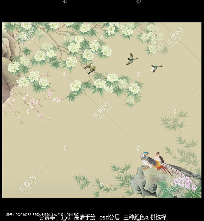 中式花鳥壁畫背景墻