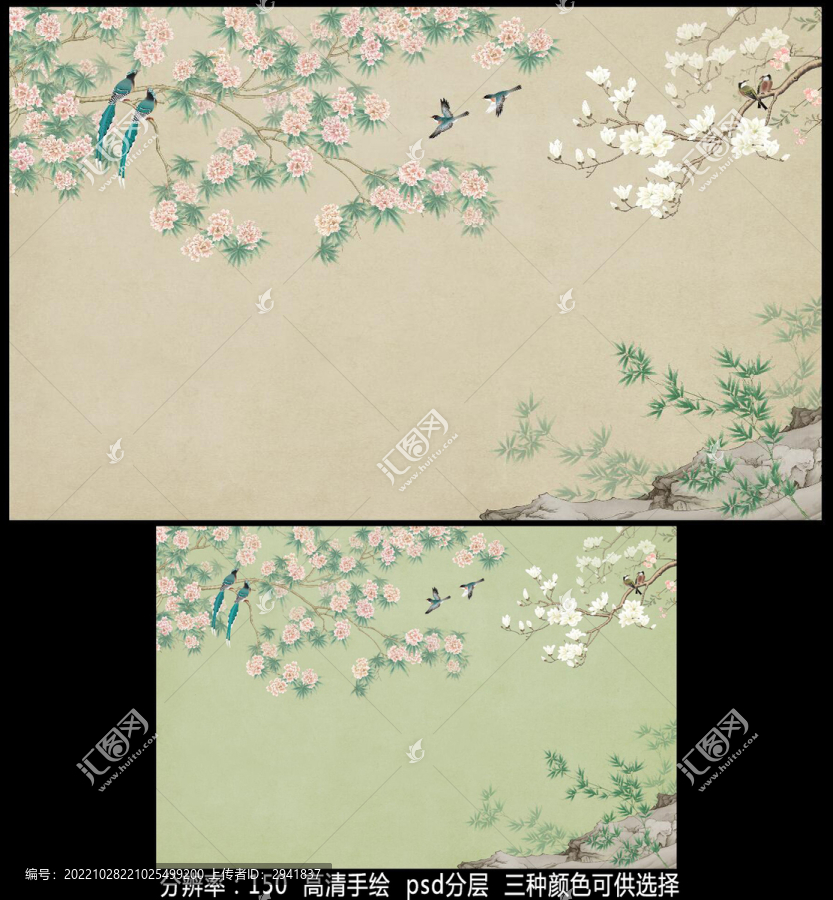手繪工筆花鳥壁畫