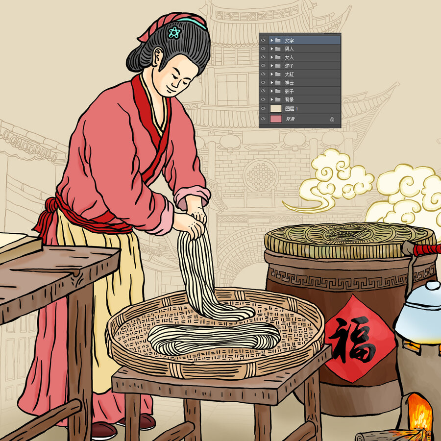 傳統(tǒng)手工面條插畫
