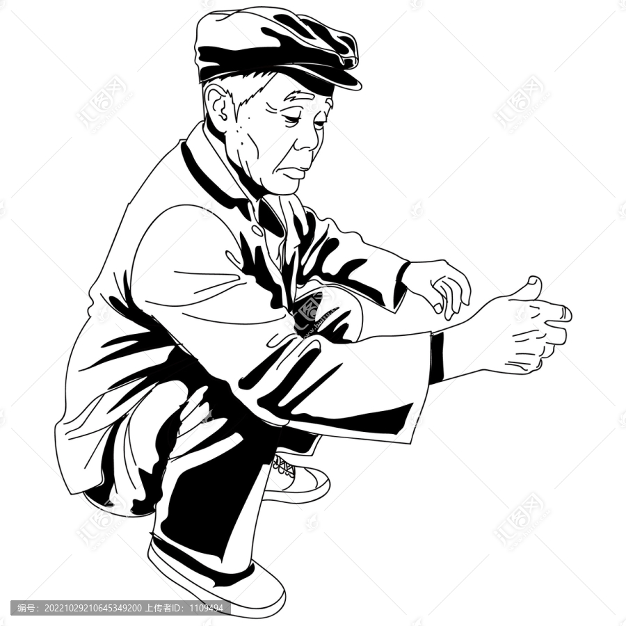 蹲在地上的老年人
