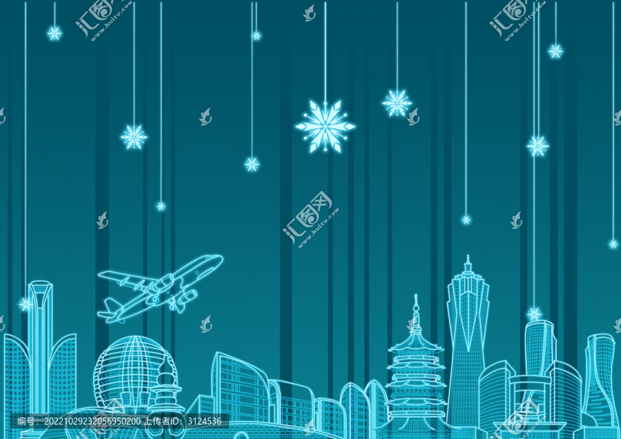 杭州城市地標(biāo)建筑線性插畫橫版