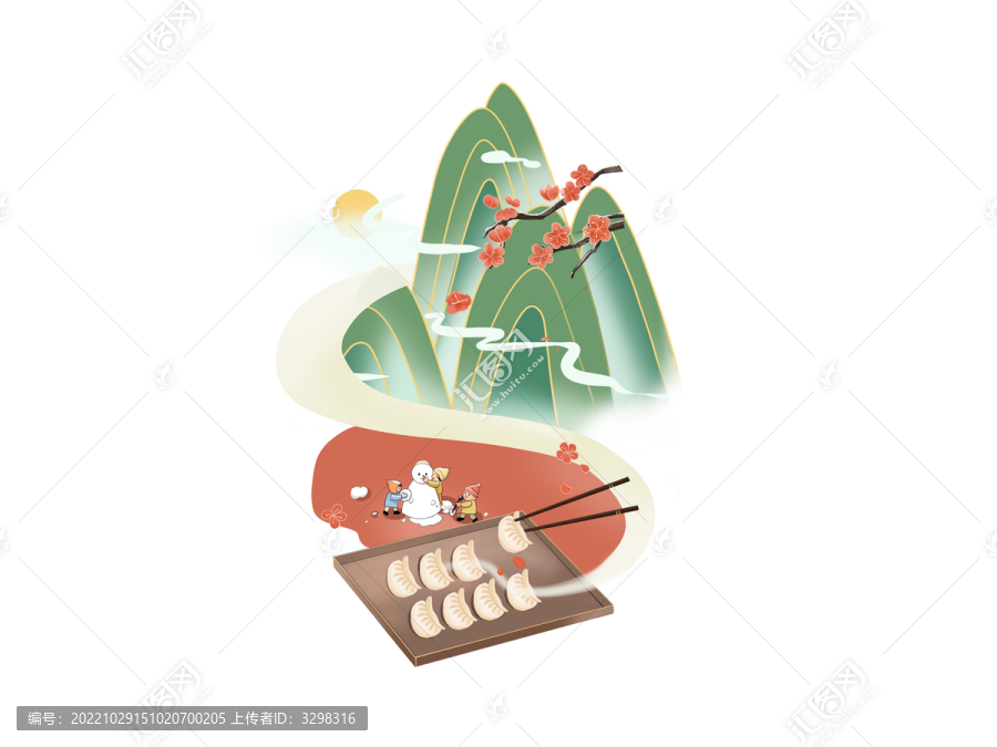 青色國(guó)潮風(fēng)立冬雪人梅花小孩