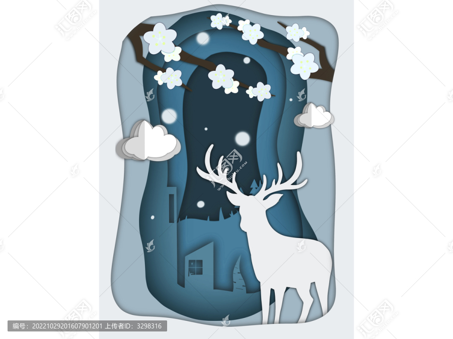 冬至剪紙小鹿城市雪景白色梅花
