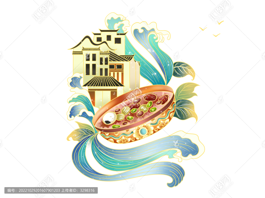 國潮臘八海浪葉子建筑臘八粥