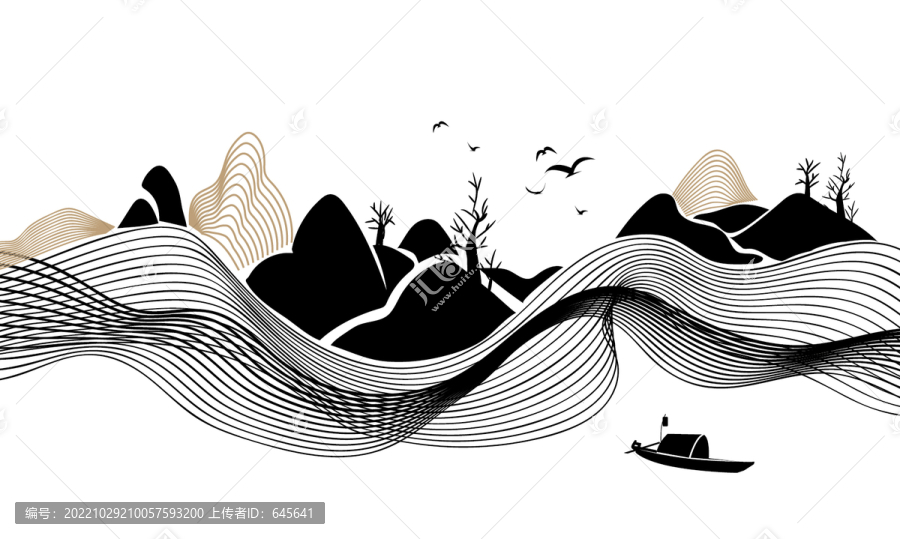 山水剪影線條插畫