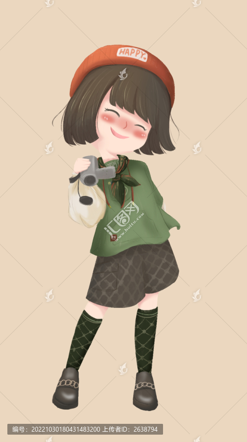 手繪復(fù)古漫畫微笑的攝影女孩