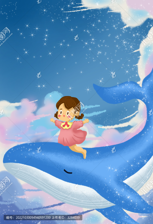 夢幻唯美鯨魚女孩插畫