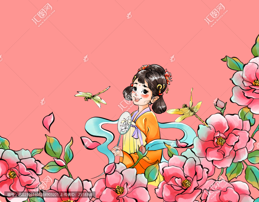 中国风插画玫瑰女子