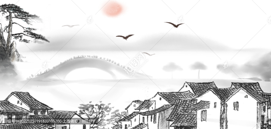 江南水鄉(xiāng)山水房屋水墨背景