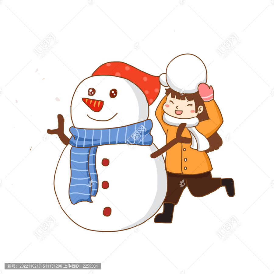 冬天堆雪人手繪卡通元素