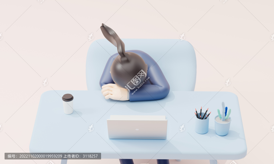3D人物趴在办公桌上睡觉
