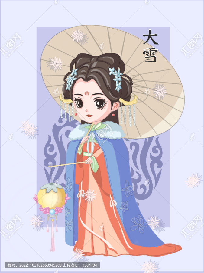 大雪節(jié)氣古風(fēng)打傘提燈籠小女孩