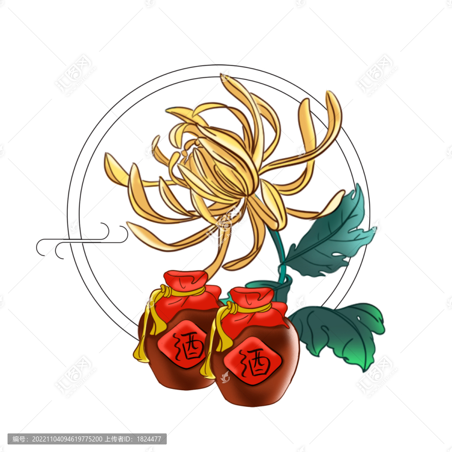 菊花酒壇插畫海報