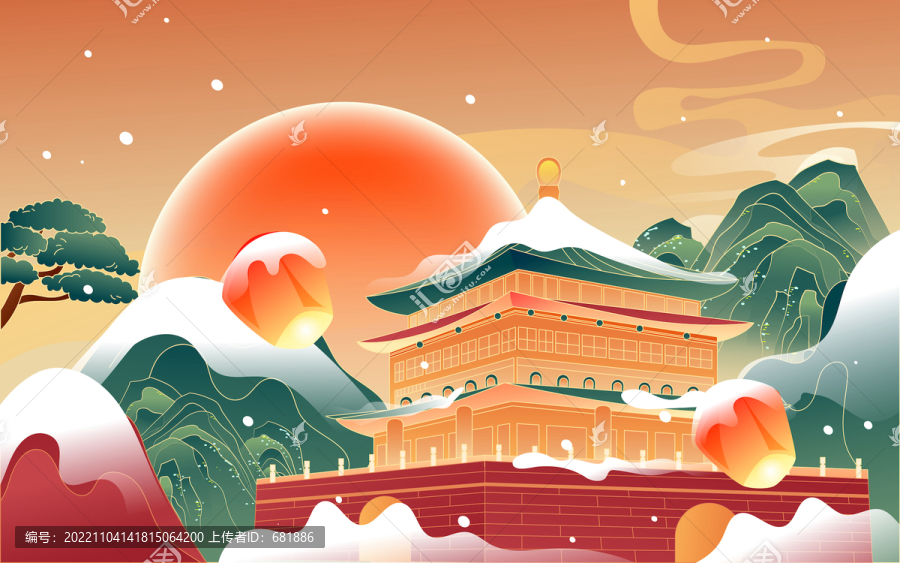 冬至立冬節(jié)氣中國風(fēng)古建筑插畫