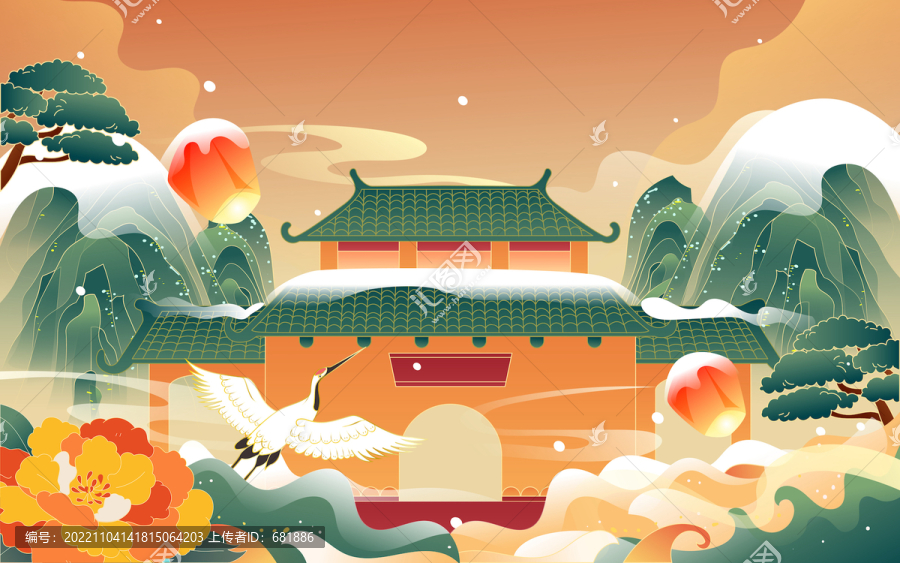 冬至立冬節(jié)氣中國風(fēng)古建筑插畫