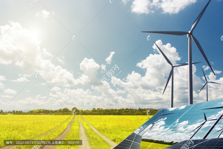 户外的太阳能和风力发电设备