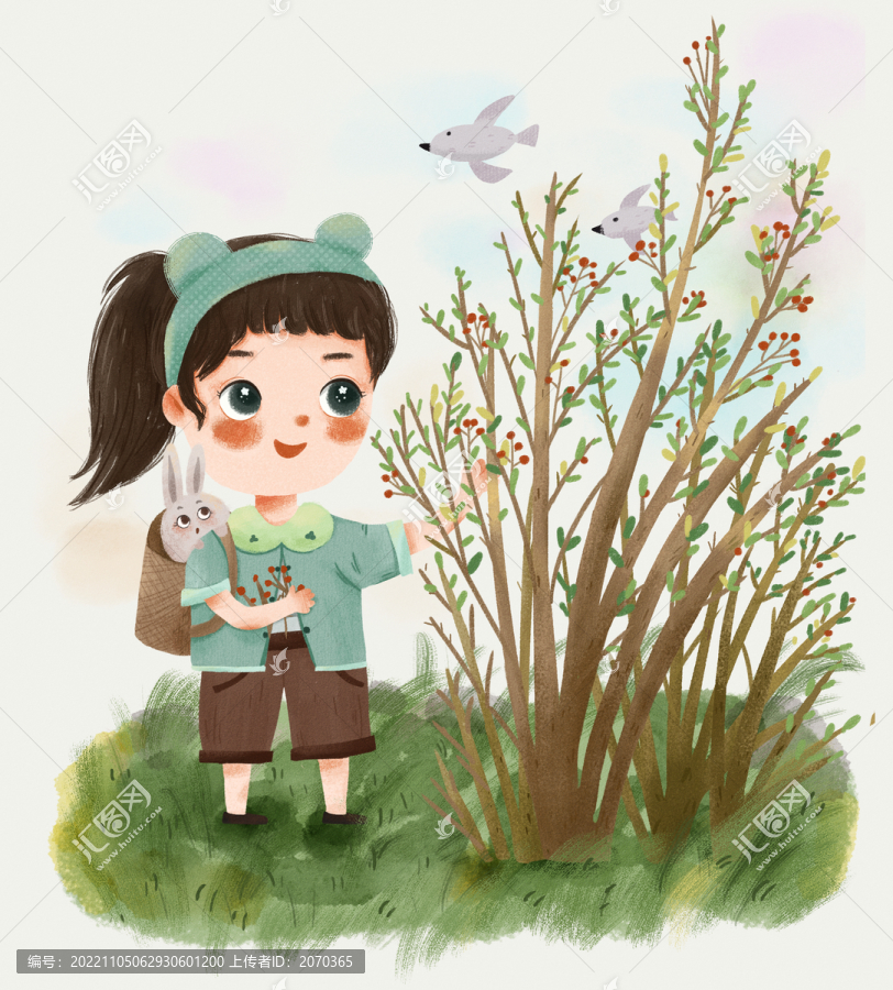 兒童人物場(chǎng)景插畫采果子的姑娘