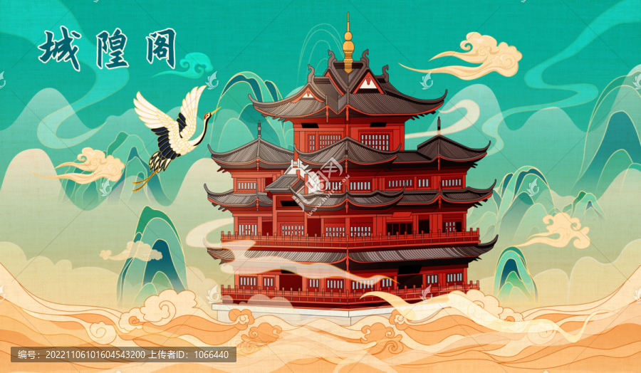 杭州西湖城隍閣手繪插畫(huà)