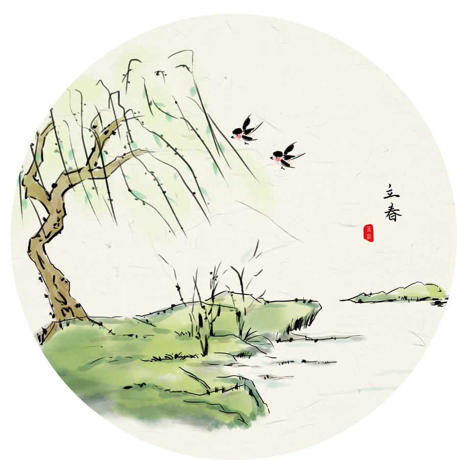 手繪水墨畫立春小品插畫