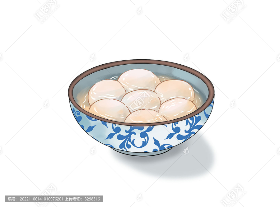 青花瓷碗白色水彩风糯米汤圆