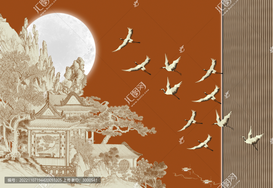 新中式山水松樹仙鶴背景墻