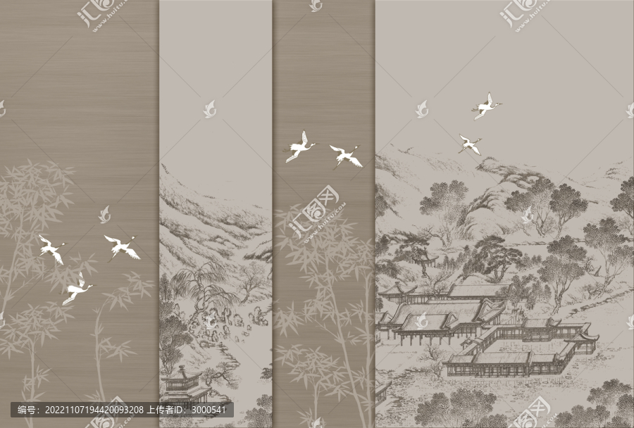 中式仙鶴山水竹子背景墻