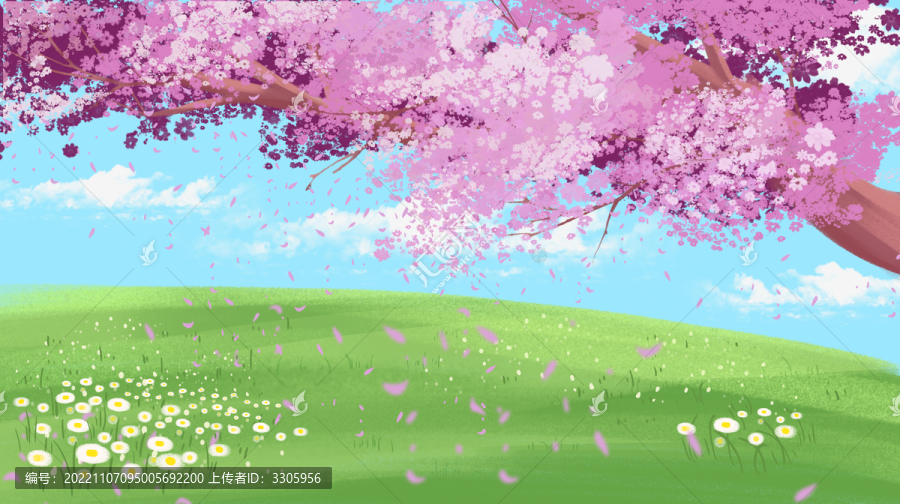 草地櫻花唯美插畫