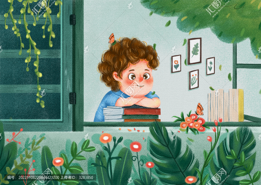 在發(fā)呆的可愛小男孩兒童插畫