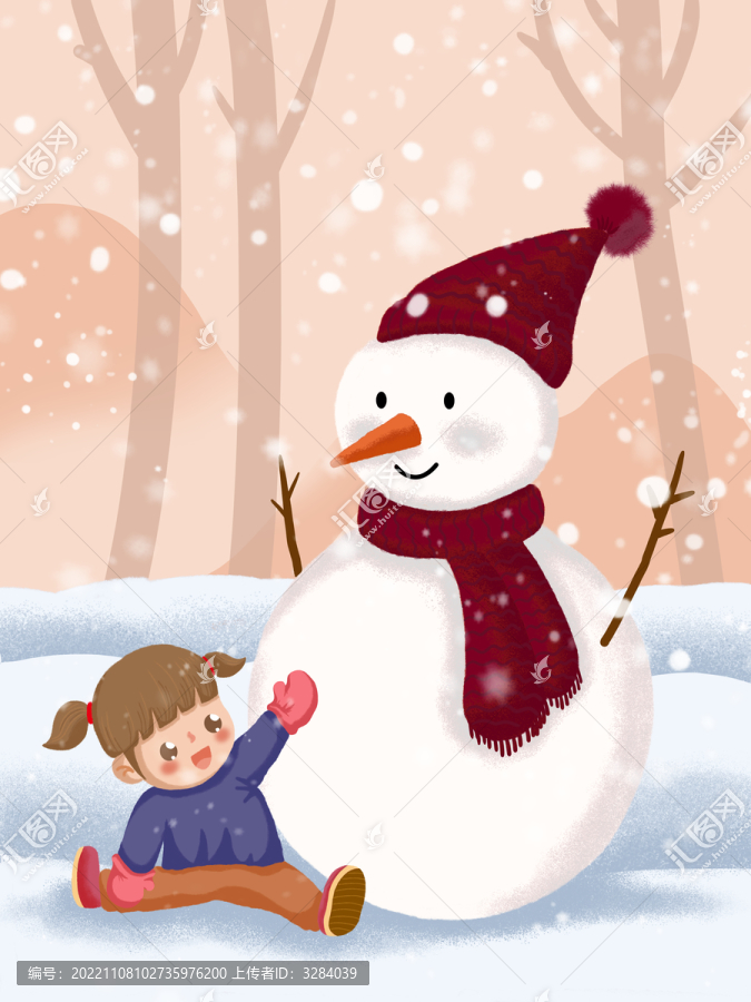 清新唯美雪人女孩插畫(huà)背景