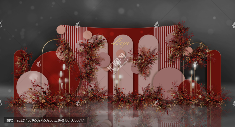 酒紅色婚禮迎賓區(qū)合影區(qū)效果圖