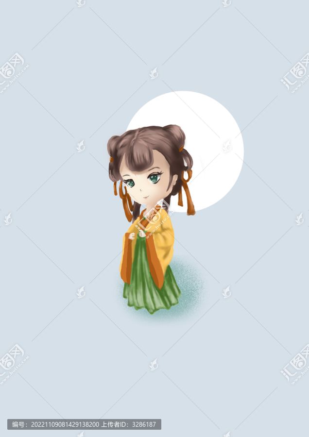 古風(fēng)黃綠色衣衫盤發(fā)小女孩