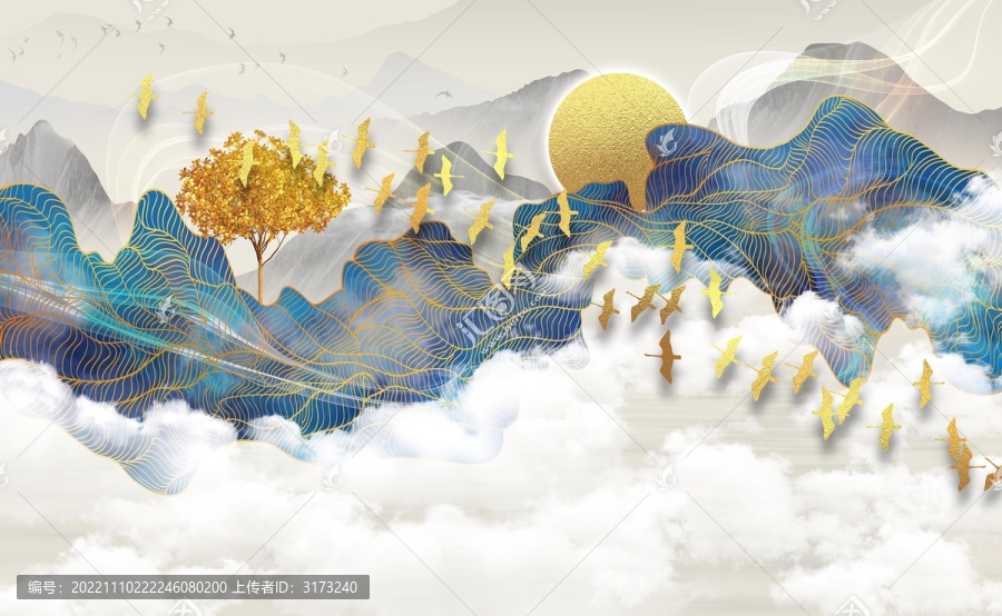 新中式發(fā)財樹抽象山水背景墻