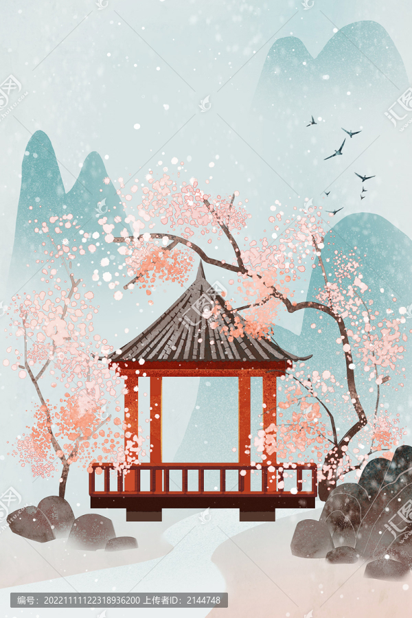冬季手繪古風(fēng)亭子插畫