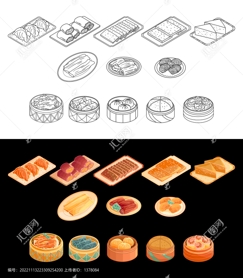 广州早茶点心美食插画