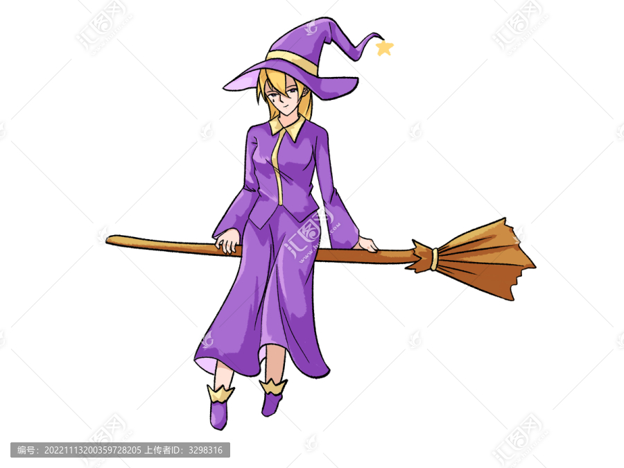 紫黄日系万圣节女巫骑着扫帚