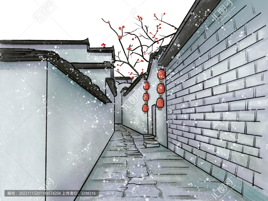 灰色霜降水墨南方徽派古鎮(zhèn)小巷