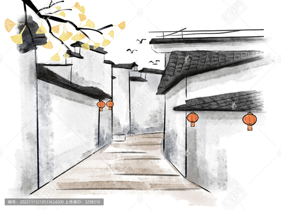 灰色霜降水墨南方徽派古鎮(zhèn)小巷