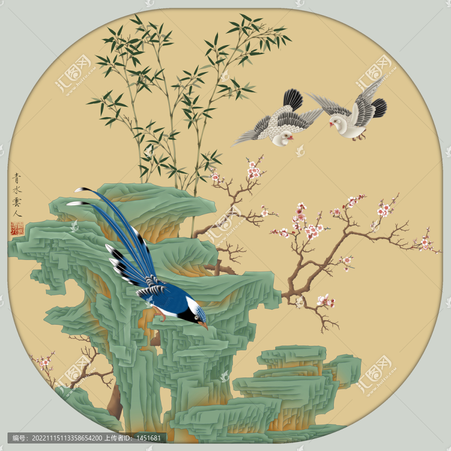 工筆花鳥(niǎo)假山鏡心