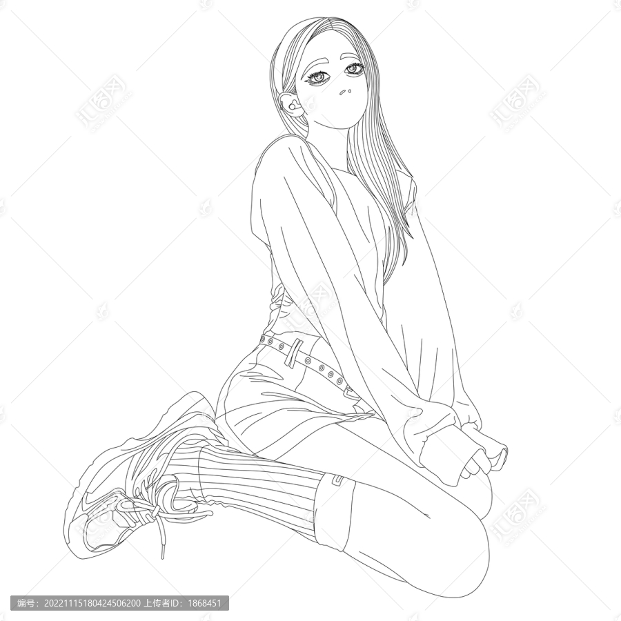 靜坐女孩線稿