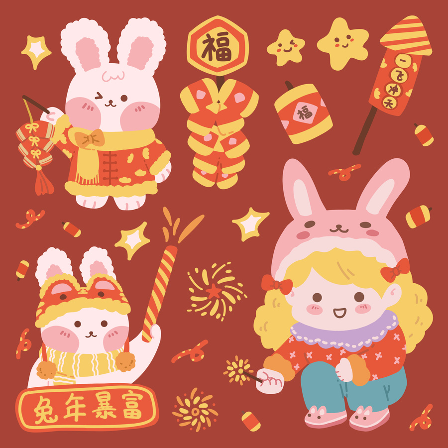兔年貼紙插畫女孩煙花爆竹