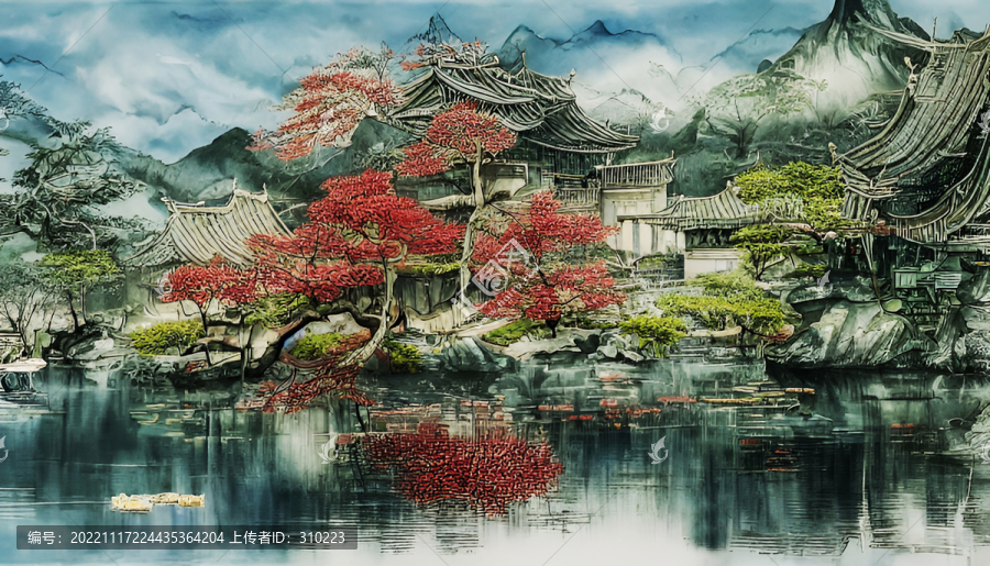 秋季古鎮(zhèn)裝飾畫