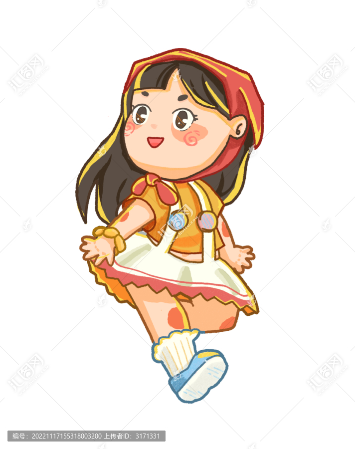q版手繪可商用背帶裙頭巾女孩