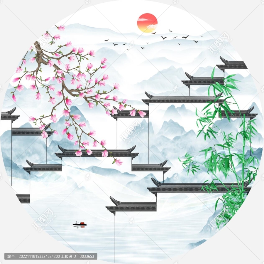 山水玉蘭花裝飾畫(huà)